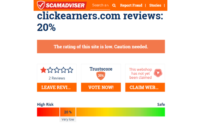 ClickEarners.com Review - Scam Adviser Report