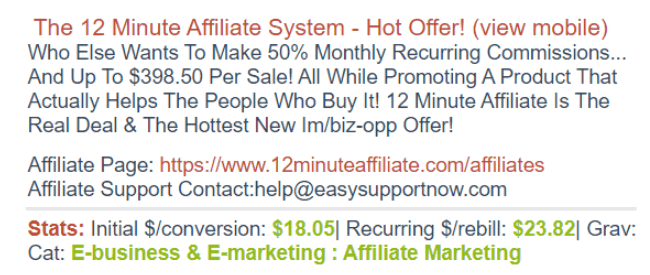 12 Minute Affiliate Review - ClickBank Stats