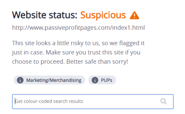 Passive Profit Pages Malware Warning